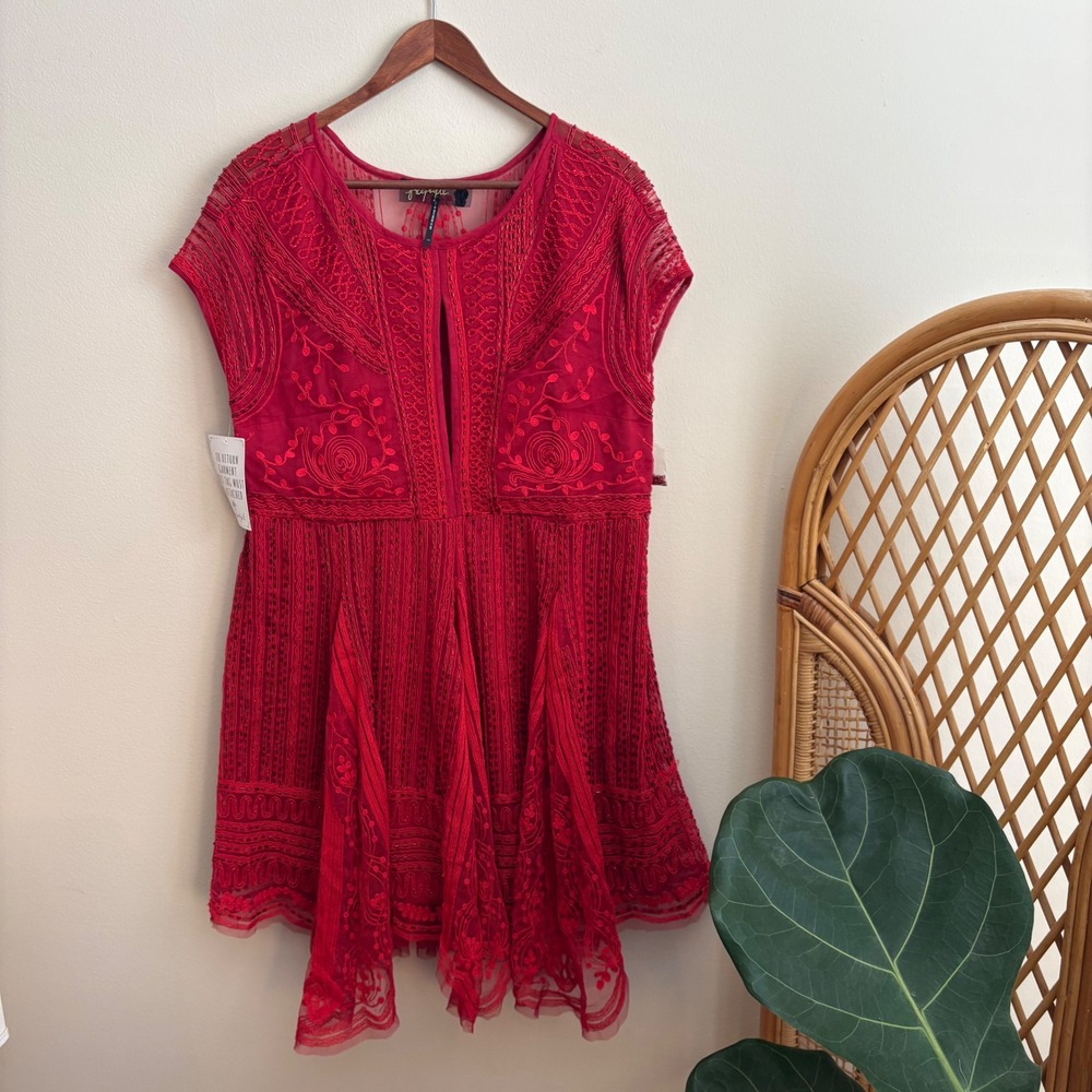 NWT Free People Womens Boho Red Beaded Lace Stitched Embellished Mini Dress